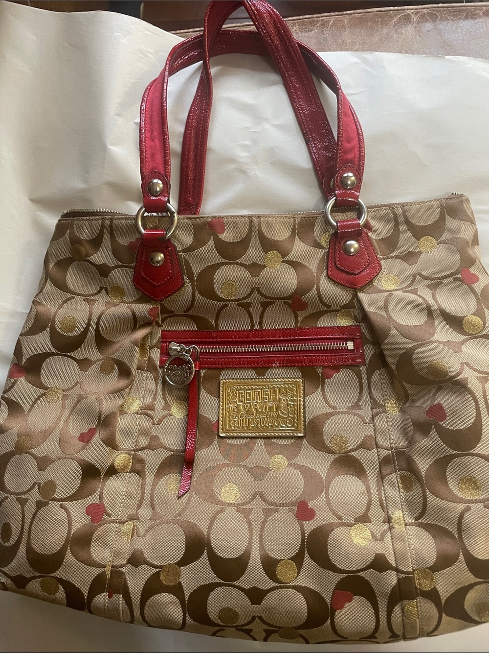 Coach Poppy Vintage Tan, Brown And Red Large Purse/ Tote. Good Condition.
